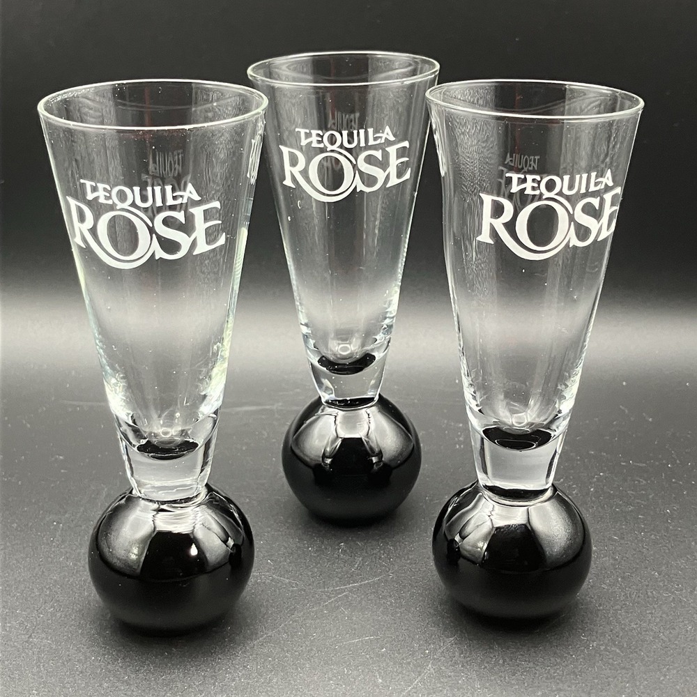 3 Tequila Rose Shot Glasses Black Ball & Clear Etched Glass Liquor Bar Cordial